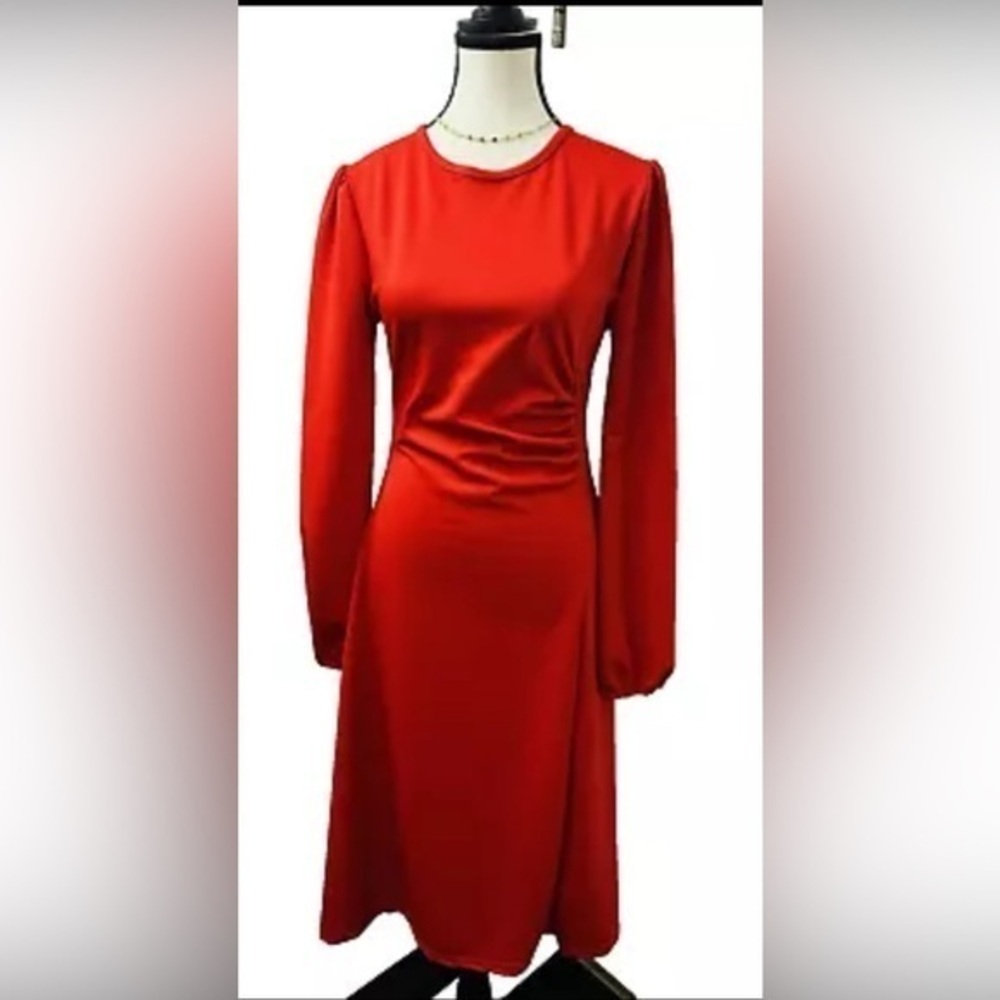 Women's Front Drape Slant Sheath Dress Pull On Long Sleeve Round Neck Maxi Red M